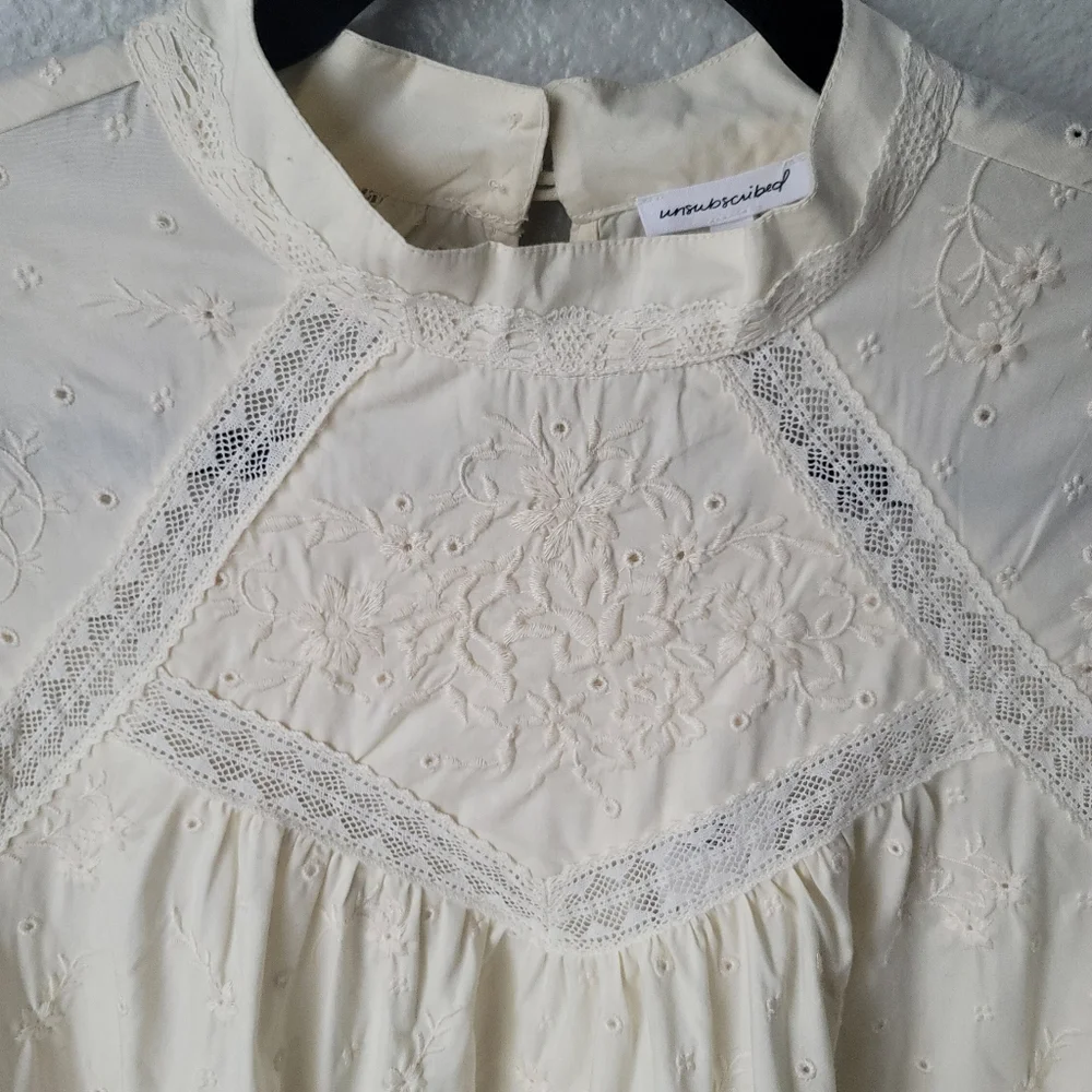 Unsubscribed 3008 Victorian Embroidered Boho Mini Dress Size XSmall In Ivory NWT - Picture 3 of 12